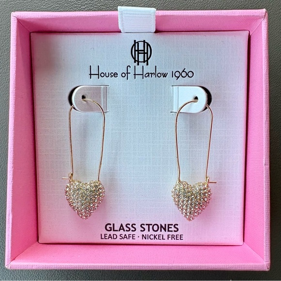House of Harlow 1960 Jewelry - NWT, House of Harlow 1960 Pavé Crystal Heart Gold-Tone Threader Earrings
